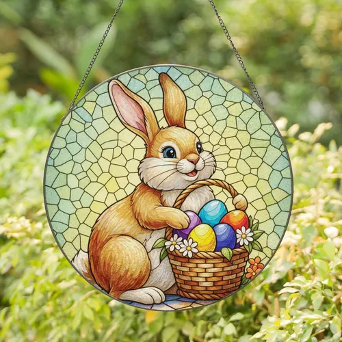 Easter Bunny Wicker Basket Eggs Spring Flowers Mosaic - Easter Home Decor Gift Stained Glass Suncatcher