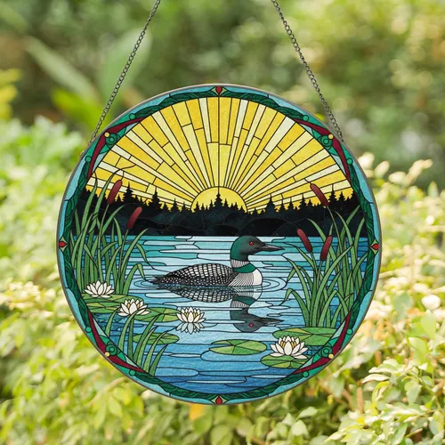 Common Loon Stained Glass Water Lily Cattail Forest Sunburst - Wildlife Lover Home Decor Gift Stained Glass Suncatcher