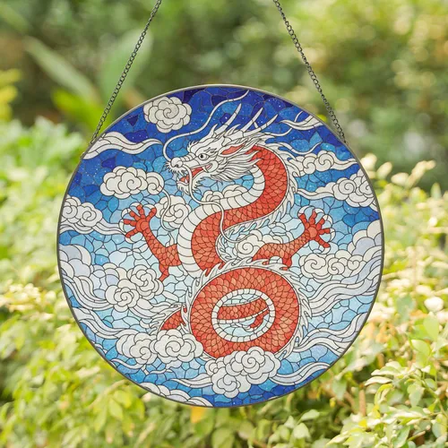 Coiled Chinese Dragon Celestial Clouds - Home Decor Gift for Dragon Lover Stained Glass Suncatcher