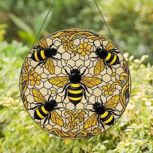Five Honeybees Flowers Leaves Hexagonal Honeycomb - Home Decor Gift for Bee Lovers Stained Glass Suncatcher