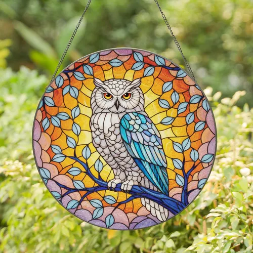 Snowy Owl Sunset Scene - Home Decor Gift for Wildlife Lover Stained Glass Suncatcher