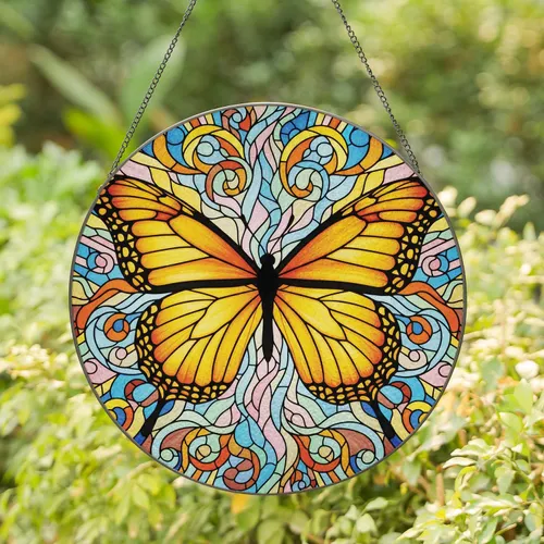 Butterfly Organic Swirls Light Rays Lead Lines - Home Decor Gift for Butterfly Lover Stained Glass Suncatcher