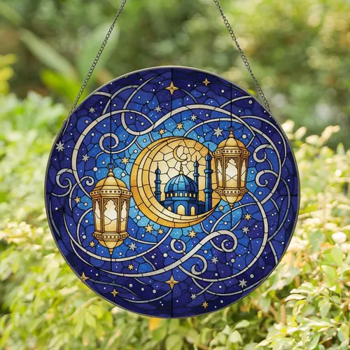 Golden Crescent Moon Islamic Lanterns Mosque Starry Night - Home Decor Gift for Muslim Home Stained Glass Suncatcher