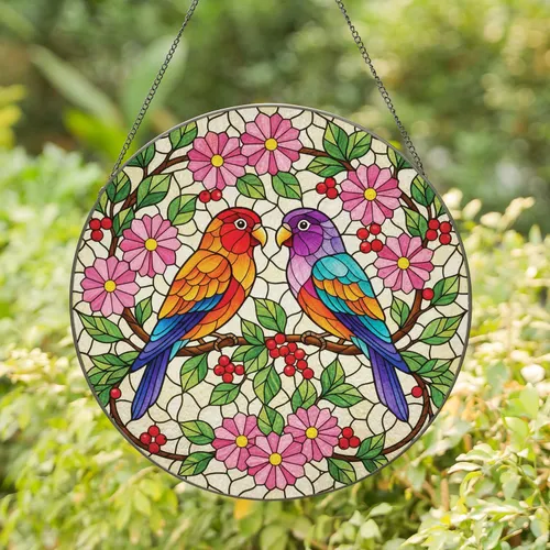 Vibrant Lovebirds Pink Flowers Red Berries Green Leaves - Home Decor Gift for Bird Lovers Stained Glass Suncatcher