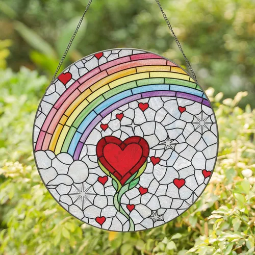 Arching Rainbow Heart Celestial Stars Scattered Hearts - Compassion Growth Home Decor Gift Stained Glass Suncatcher