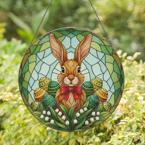 Stained Glass Easter Bunny Eggs White Flowers Green Foliage - Easter Home Decor Gift Stained Glass Suncatcher