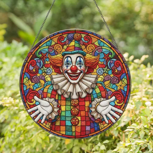 Clown Patchwork Pom-Pom Star Geometric Scene Home Decor Gift for Collectors Stained Glass Suncatcher