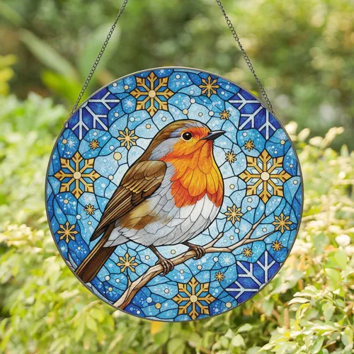 Robin Redbreast Bird Snowflakes Ice Pattern Winter Home Decor Gift for Bird Lover Stained Glass Suncatcher