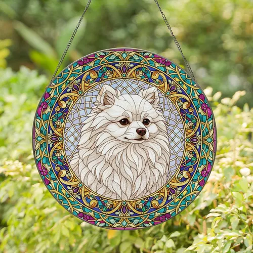 Fluffy White Pomeranian Dog Stained Glass - Home Decor Gift for Dog Lover Stained Glass Suncatcher