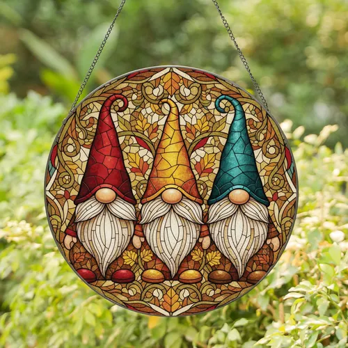 Autumn Gnomes Stained Glass Mosaic Leaves - Home Decor Gift for Garden Lover Stained Glass Suncatcher