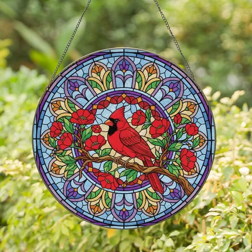 Red Cardinal Red Flowers Gothic Arch Mosaic - Home Decor Gift for Bird Lover Stained Glass Suncatcher