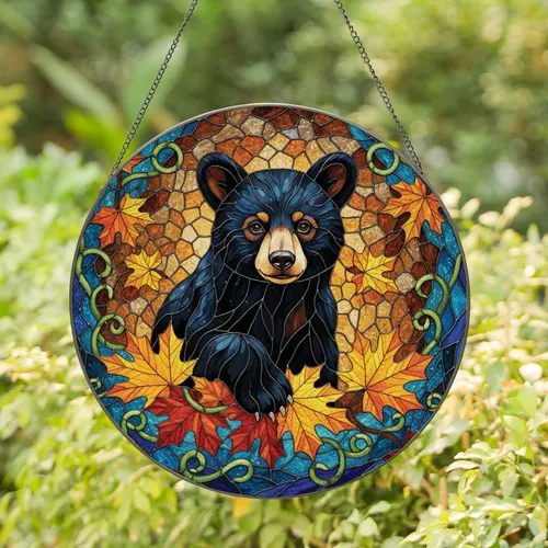 Black Bear Cub Autumn Maple Leaves Green Vines Home Decor Wildlife Lover Gift Stained Glass Suncatcher