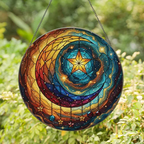 Crescent Moon 5-Point Star Cosmic Swirl - Celestial Home Decor Housewarming Gift Stained Glass Suncatcher