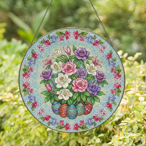 Easter Azalea Lilies Eggs Floral Wreath - Easter Home Decor Gift Stained Glass Suncatcher