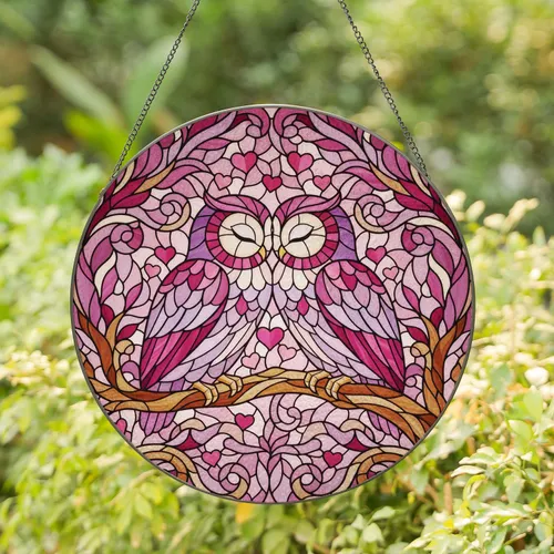 Affectionate Owls Nuzzling Pink Hearts Mosaic Foliage Home Decor Gift for Owl Lovers Stained Glass Suncatcher