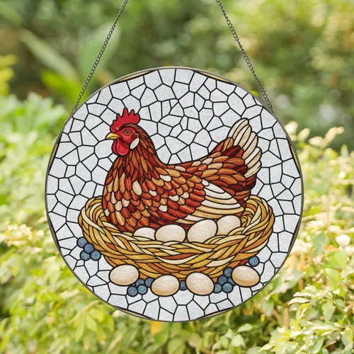 Attentive Hen Nest with Eggs - Farmhouse Home Decor Gift for Chicken Lover Stained Glass Suncatcher