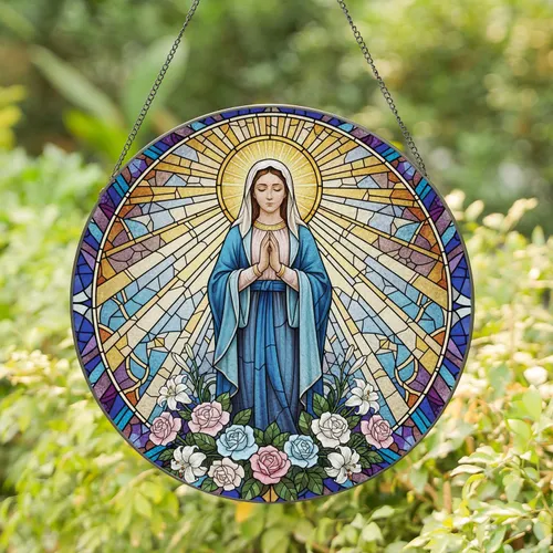 Virgin Mary Prayer Roses Lilies Golden Halo Celestial Mosaic - Religious Home Decor Gift Stained Glass Suncatcher