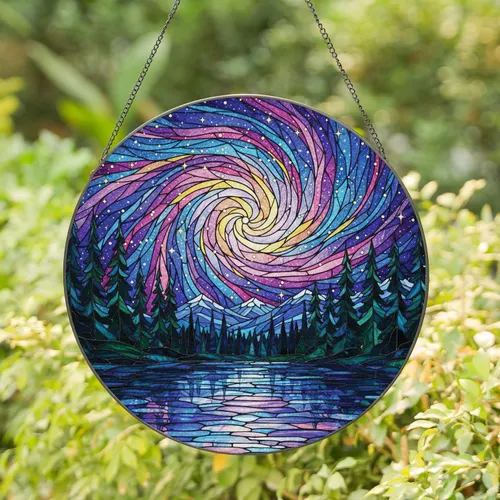 Swirling Celestial Aurora Pine Forest Lake Reflection - Home Decor Gift for Star Gazer Stained Glass Suncatcher