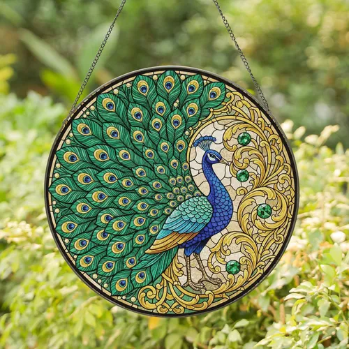 Deep Sapphire Peacock Emerald Iridescent Gold Eye Spots Filigree - Home Decor Gift Stained Glass Suncatcher