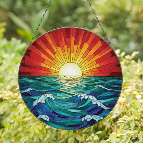 Setting Sun Seascape Fanning Rays Undulating Waves - Coastal Home Decor Gift for Sea Lover Stained Glass Suncatcher