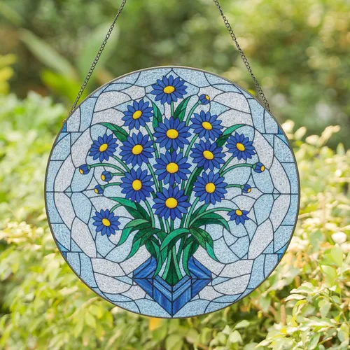 Tiffany Stained Glass Blue Daisy Flower Emerald Leaves - Window Decor Gift Stained Glass Suncatcher