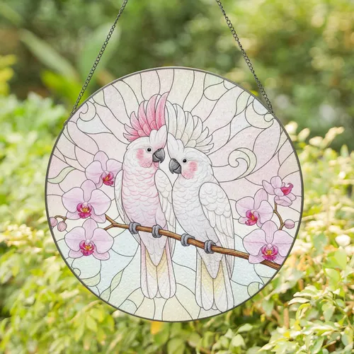 Gazing White Cockatoo Pair Pink Phalaenopsis Orchids - Wildlife Lover Gift Stained Glass Suncatcher