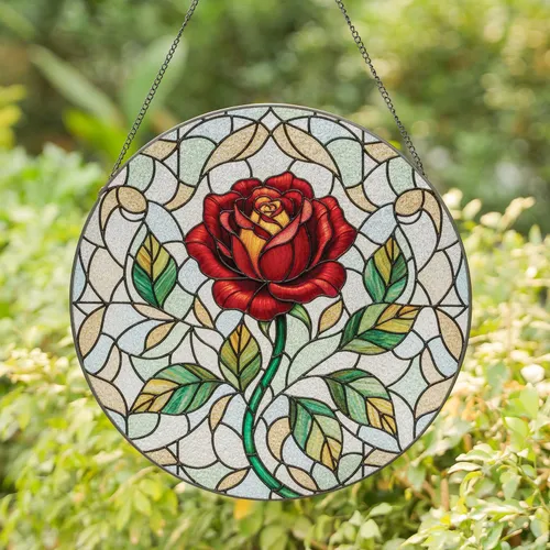 Vibrant Red Rose Bloom, Slender Stem & Leaves Mosaic - Home Decor Gift for Garden Lover Stained Glass Suncatcher