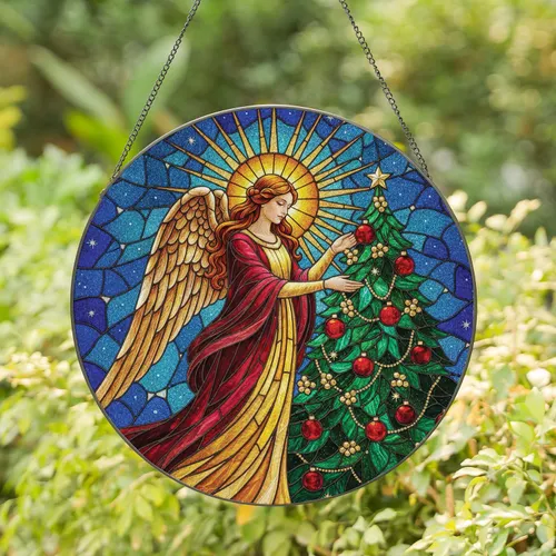 Graceful Angel Crimson Gown Christmas Tree Sunburst Halo - Holiday Home Decor Gift Stained Glass Suncatcher
