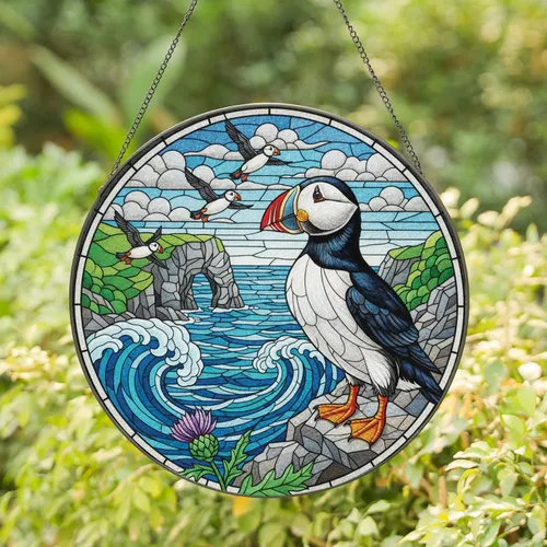 Atlantic Puffin Coastal Landscape - Home Decor Gift for Bird Lovers Stained Glass Suncatcher