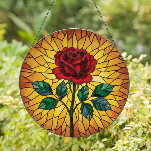 Red Rose Tiffany Stained Glass - Home Decor Gift for Rose Lover Stained Glass Suncatcher