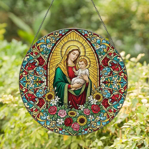 Virgin Mary Jesus Gothic Arch Roses Sunflowers - Home Decor Gift Stained Glass Suncatcher