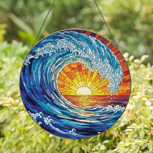 Ocean Wave Sunset Horizon Glow - Home Decor Gift for Ocean Lovers & Coastal Living Stained Glass Suncatcher