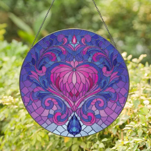 Faceted Glass Floral Heart Mosaic with Swirls and Gems - Everyday Home Decor Gift Stained Glass Suncatcher