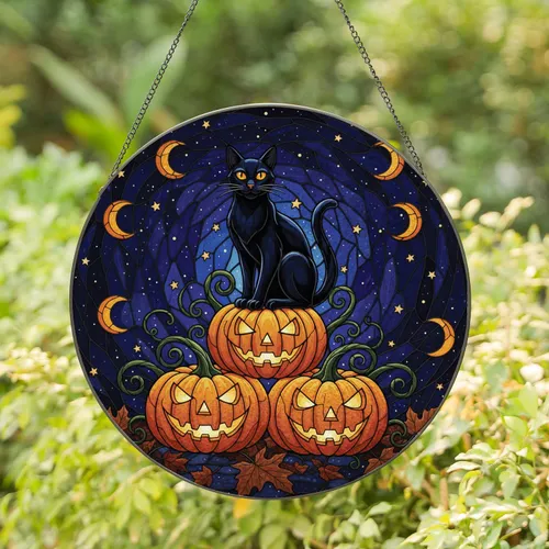 Black Cat Jack-o'-Lantern Pumpkins - Halloween Home Decor Gift for Cat Lover Stained Glass Suncatcher