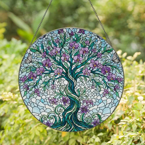 Tree of Life Blooming Flowers Butterflies Sky Mosaic - Home Decor Gift for Living Room Stained Glass Suncatcher