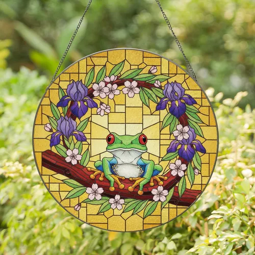 Tree Frog Branch Wreath Leaves Flowers - Wildlife Lover Home Decor Gift Stained Glass Suncatcher