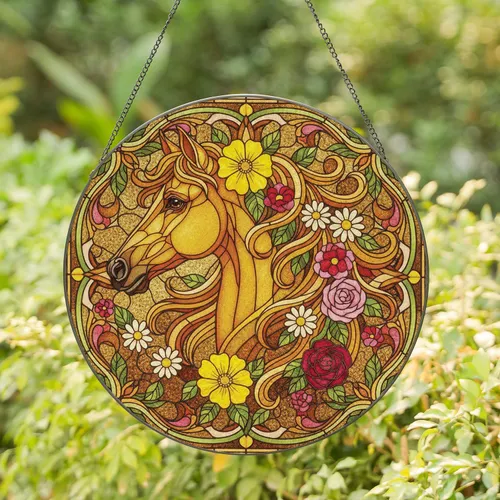 Horse Head Mane Rose Daisy Leaf Blooms - Home Decor Gift for Equine Lover Stained Glass Suncatcher