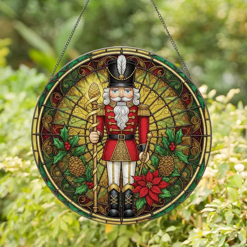 Nutcracker Soldier Poinsettia Holly Pinecone - Christmas Home Decor Gift Stained Glass Suncatcher