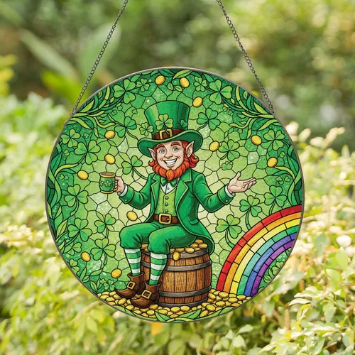Green Leprechaun Gold Coins Shamrocks - St. Patrick's Day Gift for Irish Celebration Stained Glass Suncatcher