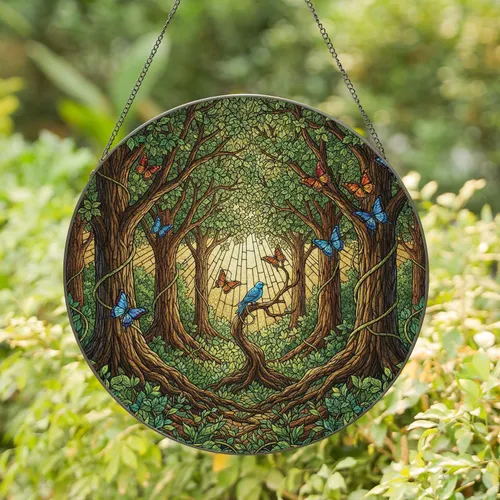 Mystical Forest Golden Sun Rays Thick Trunks Butterflies Bird - Home Decor Gift Stained Glass Suncatcher