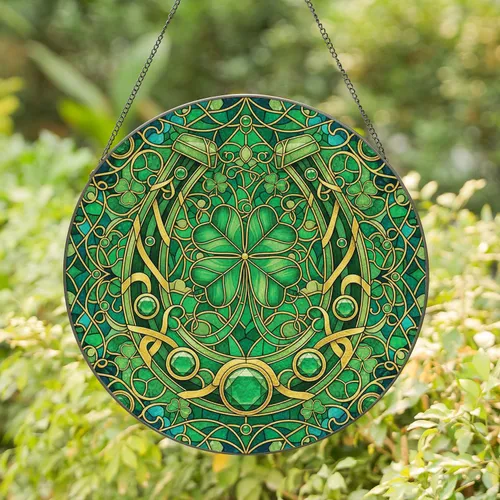 Ornate Horseshoe Four Leaf Clover Golden Filigree Green Swirls - Home Decor Gift Stained Glass Suncatcher