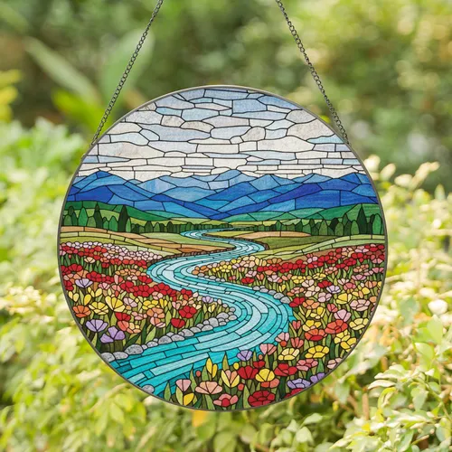 Vibrant Landscape Winding River Wildflowers Mountains - Home Decor Gift Stained Glass Suncatcher