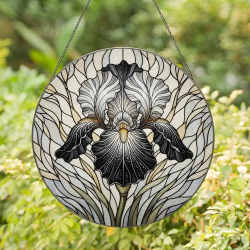 Black White Iris Flower Stem Leaves Flowing Water - Home Decor Gift Stained Glass Suncatcher