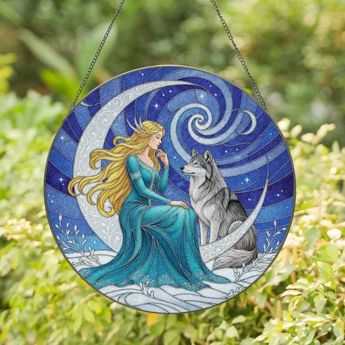 Ethereal Woman Wolf Crescent Moon - Home Decor Gift for Wolf Lovers Stained Glass Suncatcher