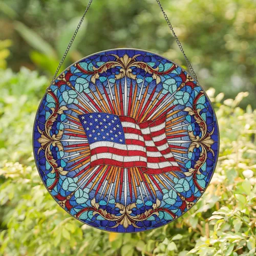 American Flag Fireworks Scrollwork Floral Independence Day Gift for Veterans Stained Glass Suncatcher
