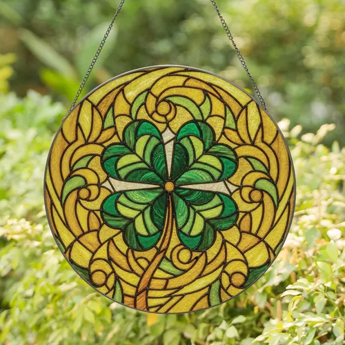Four Leaf Clover Swirling Leaves Flowing Lines Tessellated Glass - Home Decor Gift Stained Glass Suncatcher