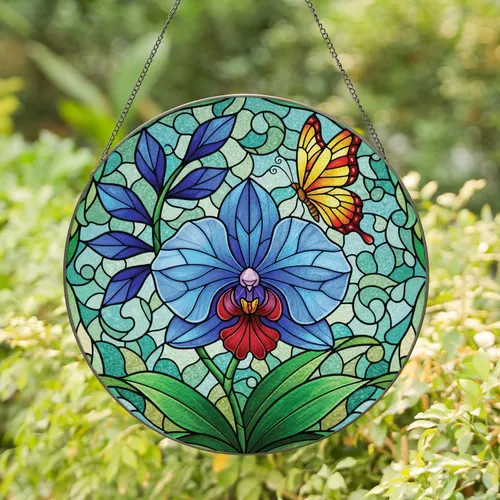 Luminous Stained Glass Orchid Butterfly Floral Mosaic Home Decor Gift Stained Glass Suncatcher