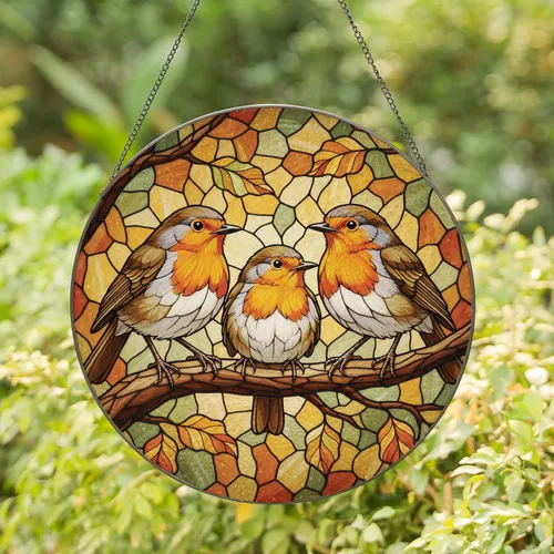 Three European Robins Autumn Leaves Branch - Wildlife Home Decor Gift Stained Glass Suncatcher