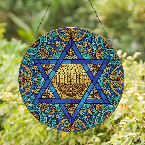 Six-Pointed Star of David Hanukkah Menorah - Holiday Home Decor Gift Stained Glass Suncatcher