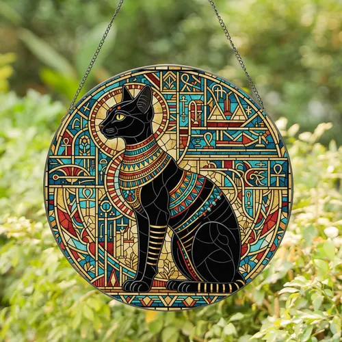 Black Egyptian Bastet Cat Luminous Geometric Patterns - Home Decor Gift for Cat Lovers Stained Glass Suncatcher